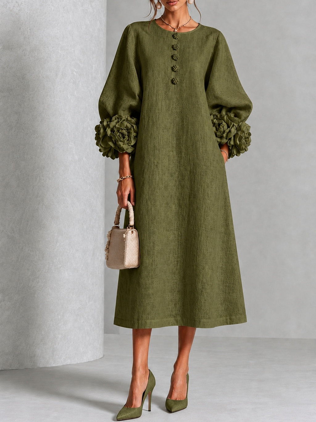 Capucine | Robe midi à manches bouffantes et boutons floraux