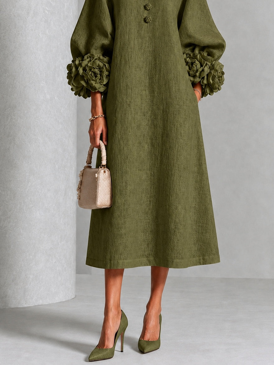 Capucine | Robe midi à manches bouffantes et boutons floraux