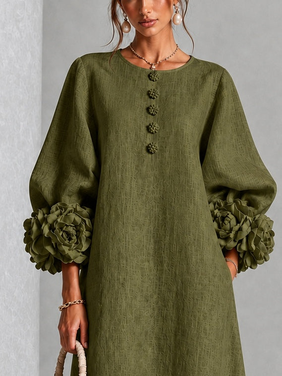 Capucine | Robe midi à manches bouffantes et boutons floraux