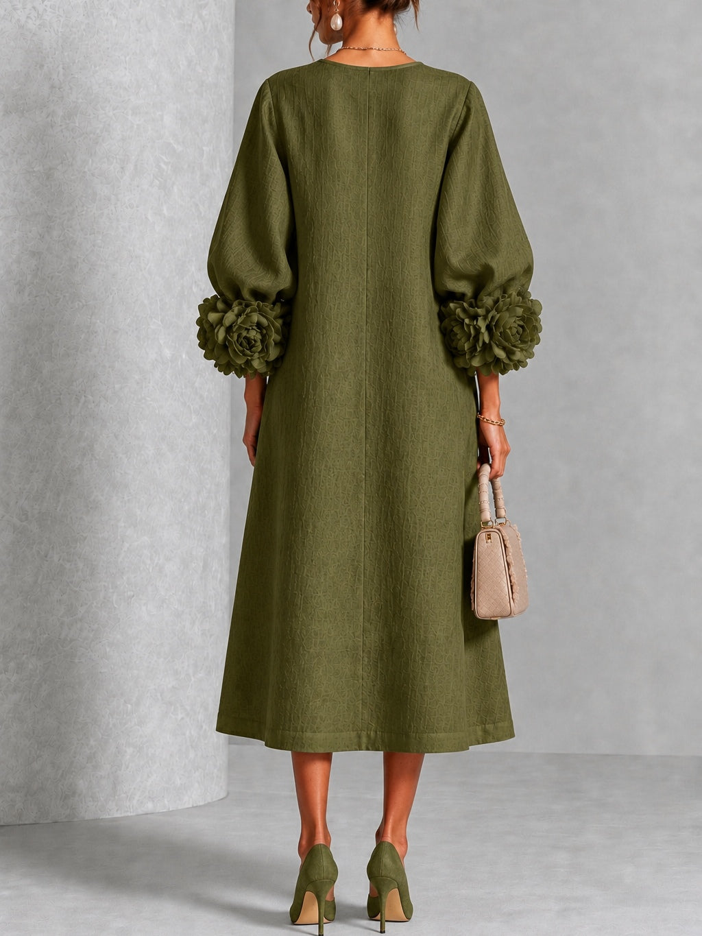 Capucine | Robe midi à manches bouffantes et boutons floraux