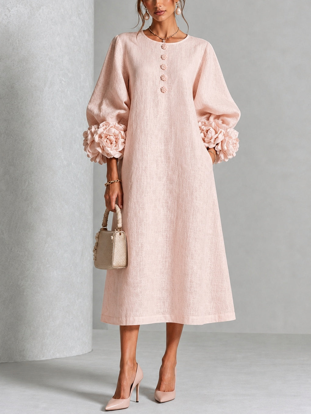 Capucine | Robe midi à manches bouffantes et boutons floraux