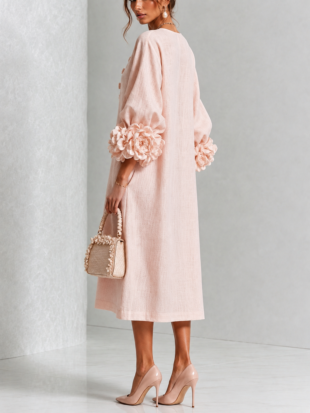 Capucine | Robe midi à manches bouffantes et boutons floraux