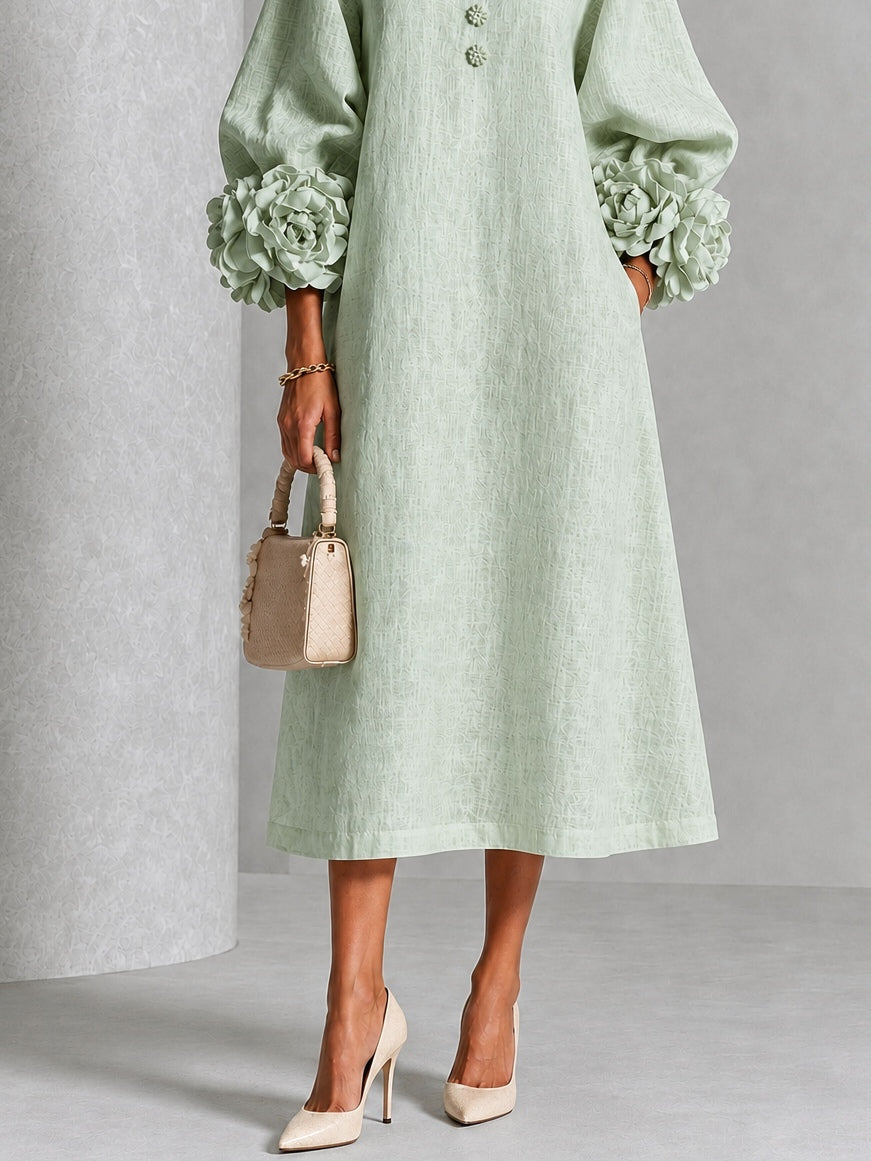 Capucine | Robe midi à manches bouffantes et boutons floraux