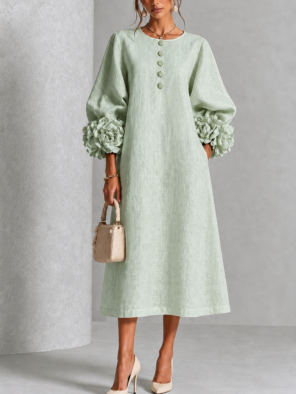 Capucine | Robe midi à manches bouffantes et boutons floraux