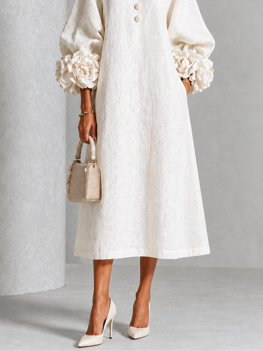 Capucine | Robe midi à manches bouffantes et boutons floraux