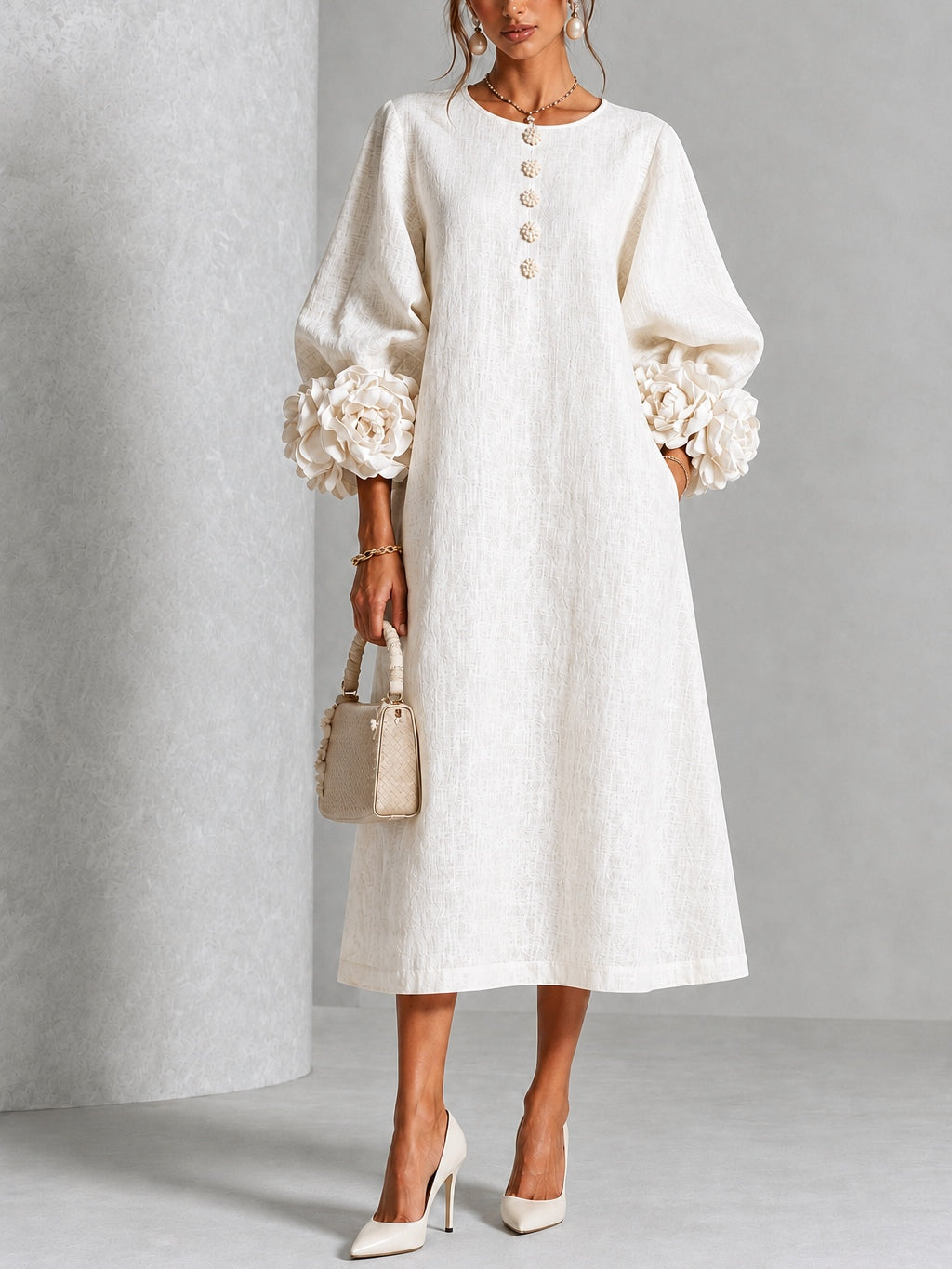 Capucine | Robe midi à manches bouffantes et boutons floraux