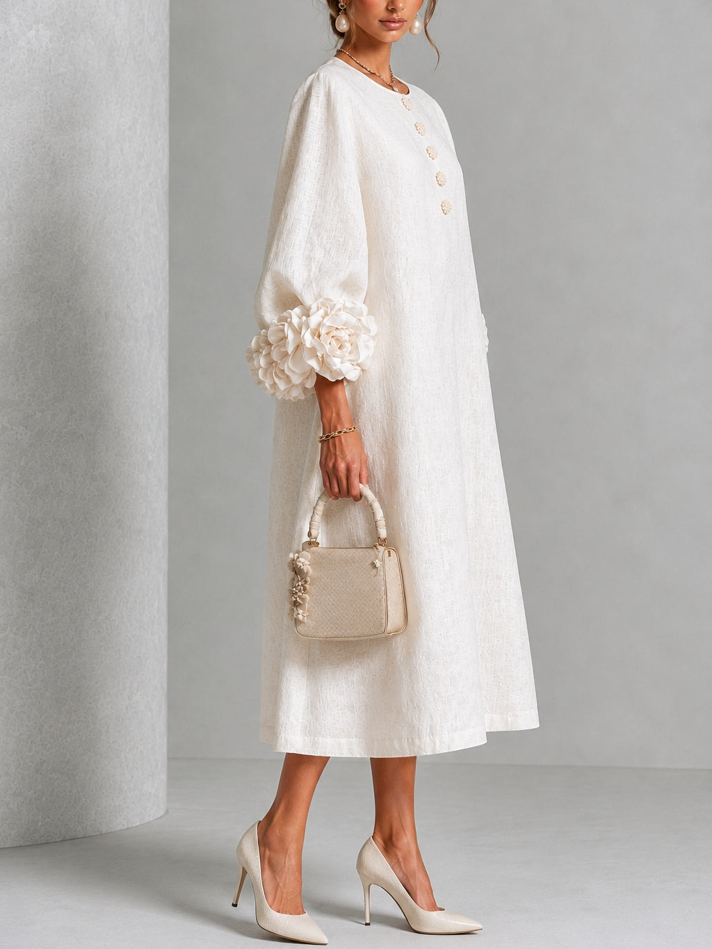 Capucine | Robe midi à manches bouffantes et boutons floraux