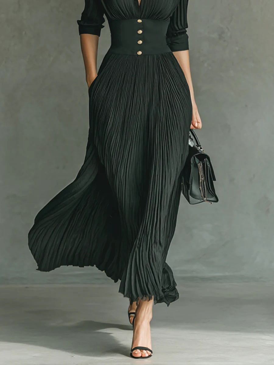 

"Elvire | Élégante robe longue plissée avec revers et taille haute