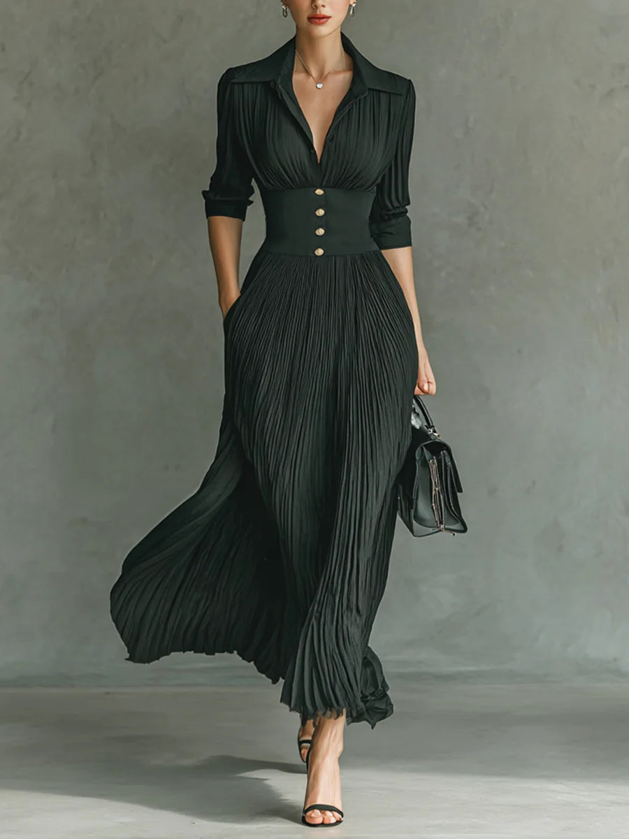 

"Elvire | Élégante robe longue plissée avec revers et taille haute