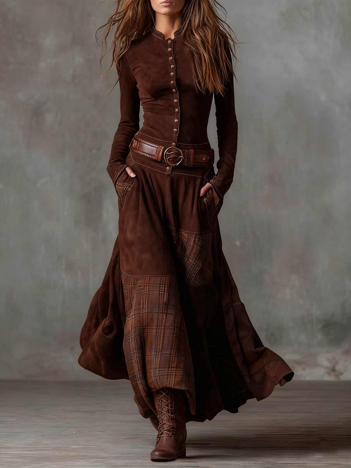 Élise | Robe longue effet daim avec ceinture à la taille