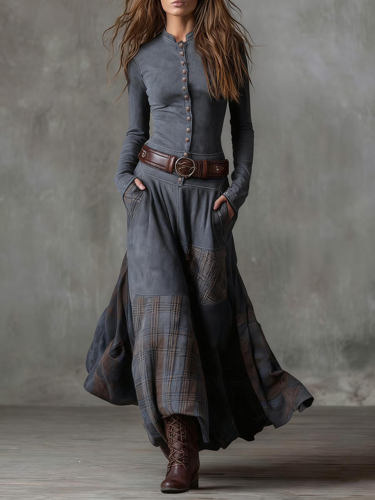 Élise | Robe longue effet daim avec ceinture à la taille