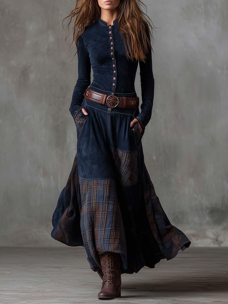 Élise | Robe longue effet daim avec ceinture à la taille