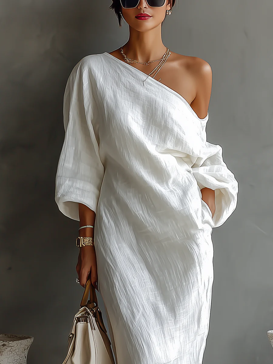 Élise™ | Robe longue blanche élégante à épaules dénudées