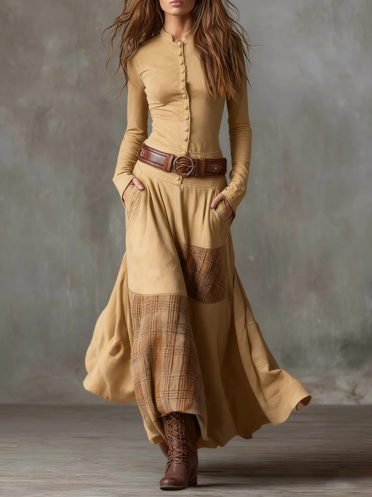 Élise | Robe longue effet daim avec ceinture à la taille