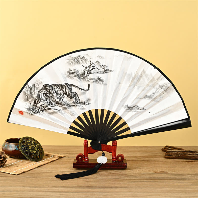 Vintage Buddha Stones Phoenix Nine-Tailed Fox Flower Bamboo Tiger Handheld Fan with Lotus Tassel