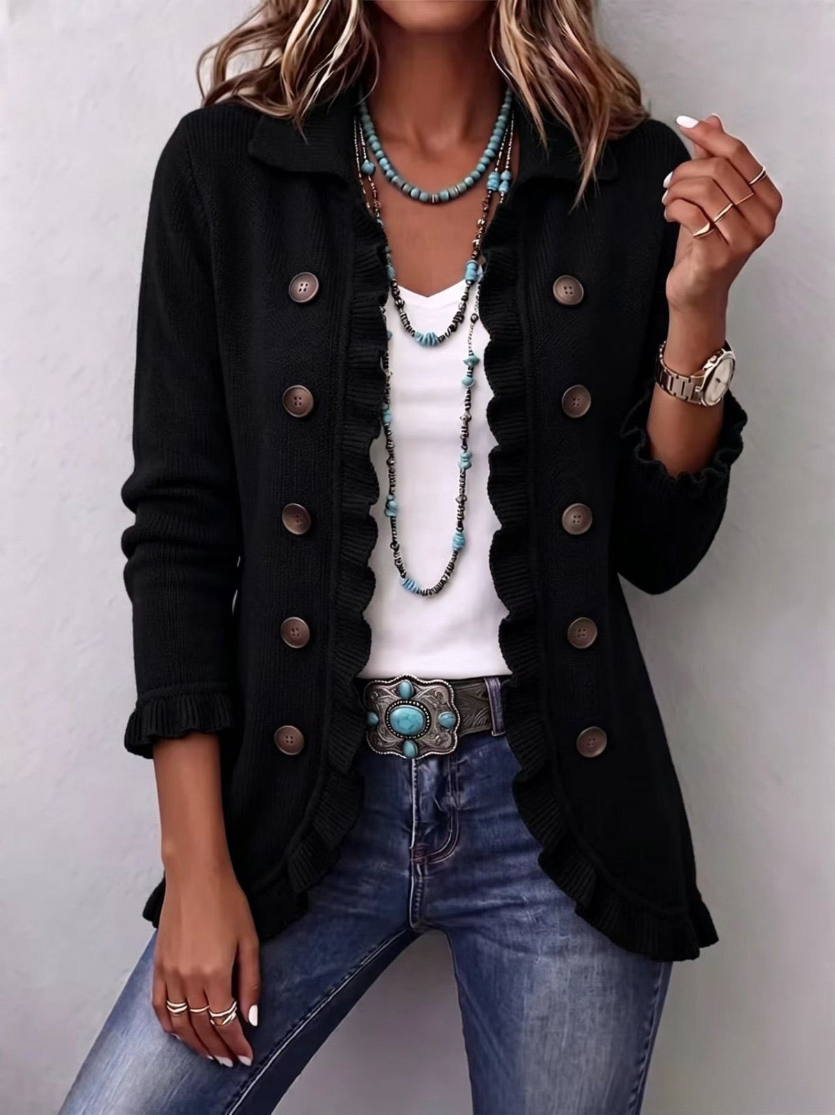 Camila | Cardigan noir avec détails à volants