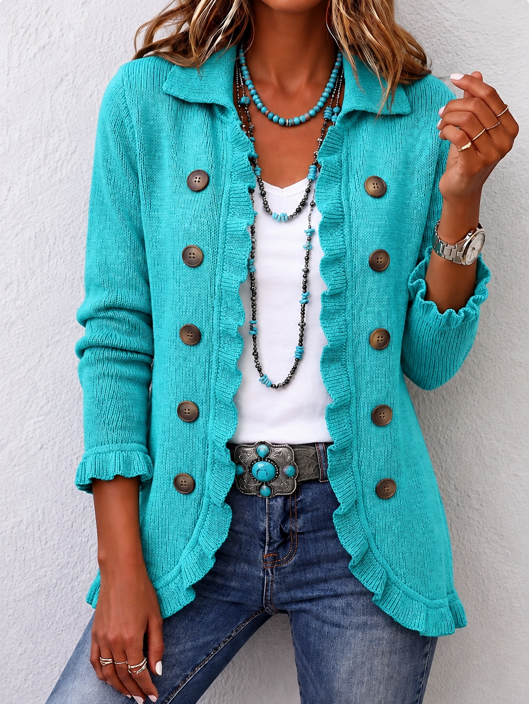 Maribel | Cardigan turquoise avec volants