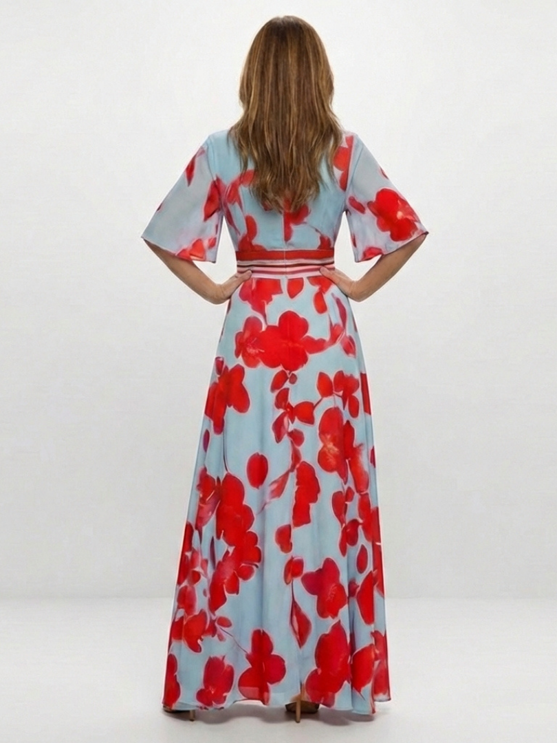 Corinne | Robe Maxi à Fleurs avec Col V et Manches Courtes