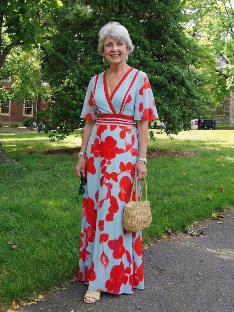 Corinne | Robe Maxi à Fleurs avec Col V et Manches Courtes