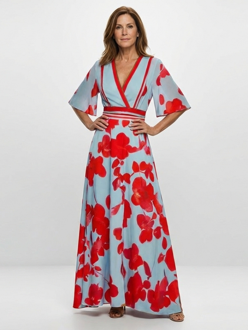 Corinne | Robe Maxi à Fleurs avec Col V et Manches Courtes