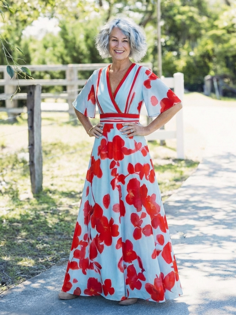 Corinne | Robe Maxi à Fleurs avec Col V et Manches Courtes