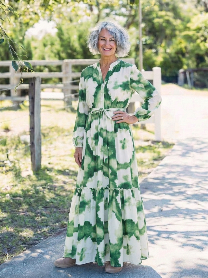 Sabine | Robe Maxi à Manches Longues avec Ceinture à Liens