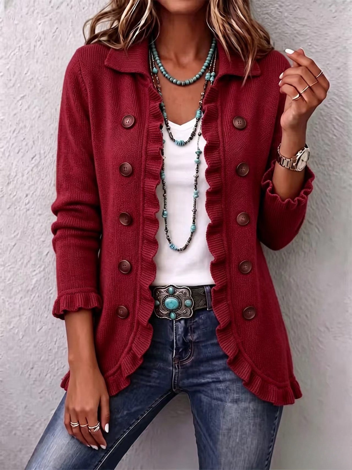 Rosalía | Cardigan rouge rubis avec volants
