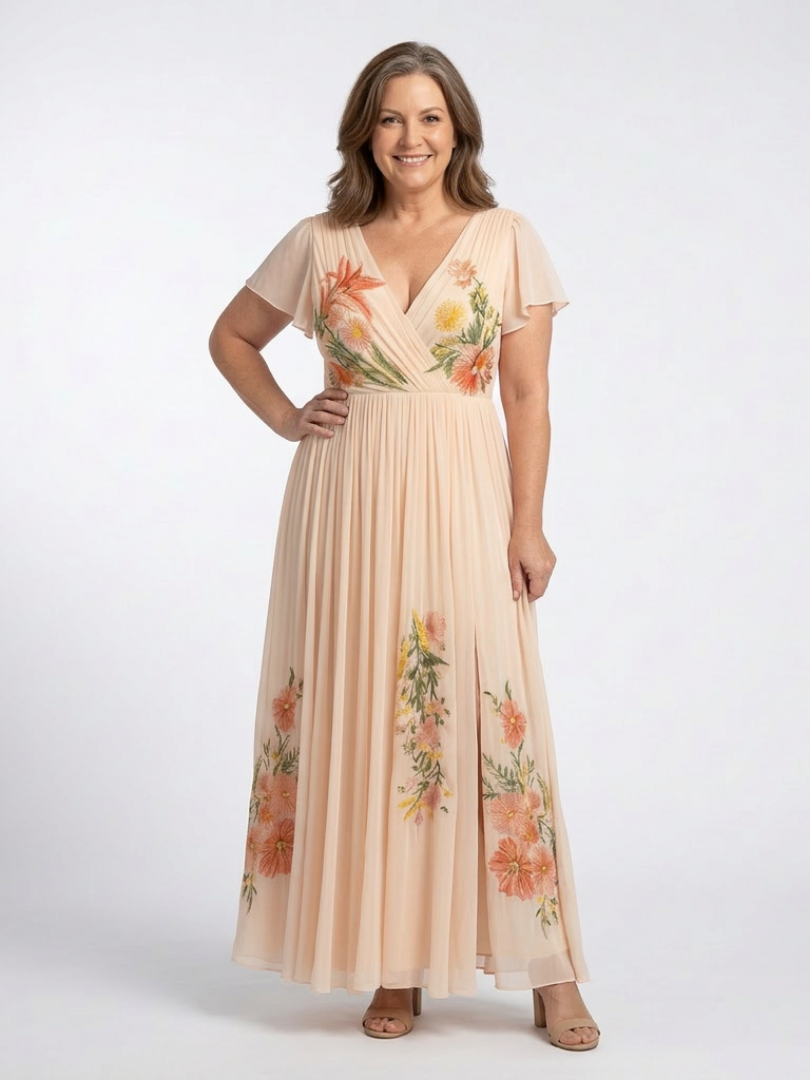 Calista | Robe Maxi Fleurie à Manches Courtes con Décolleté en V