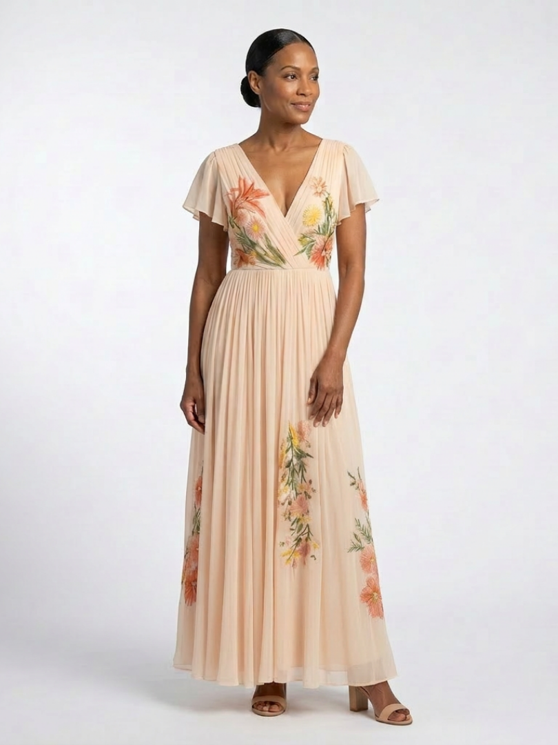 Calista | Robe Maxi Fleurie à Manches Courtes con Décolleté en V
