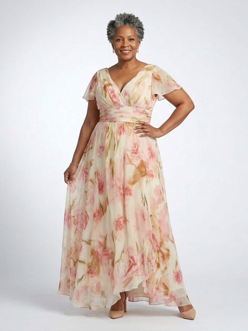 Elara | Robe Maxi Fleurie à Manches Courtes en V" can be rewritten as:

"Elara | Robe Maxi à Fleurs avec Manches Courtes en V