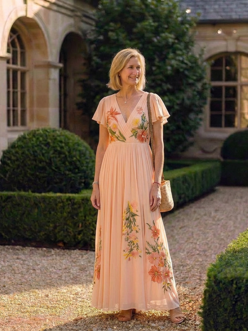 Calista | Robe Maxi Fleurie à Manches Courtes con Décolleté en V