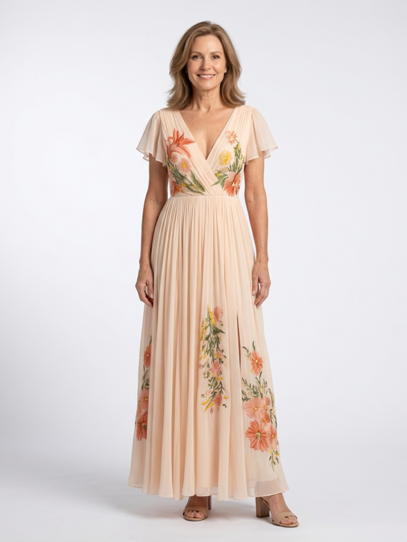 Calista | Robe Maxi Fleurie à Manches Courtes con Décolleté en V