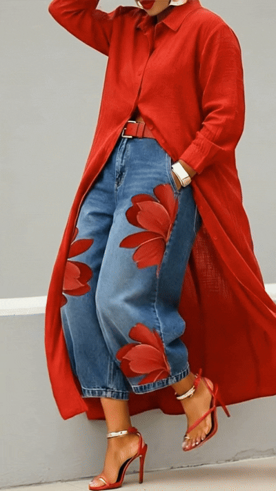 Rotes Blumen-Set: Jeans und Hemd 🌼
