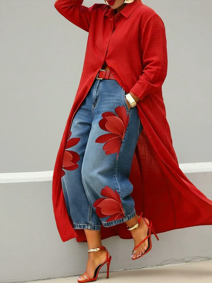 Rotes Blumen-Set: Jeans und Hemd 🌼