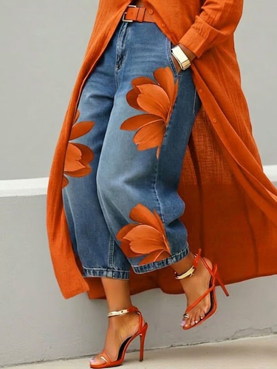 Rotes Blumen-Set: Jeans und Hemd 🌼