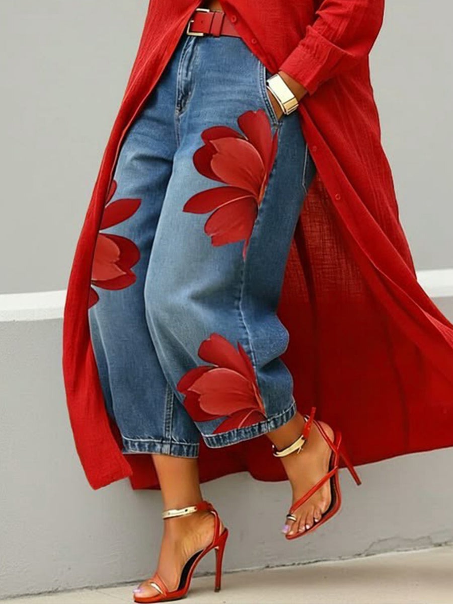 Rotes Blumen-Set: Jeans und Hemd 🌼