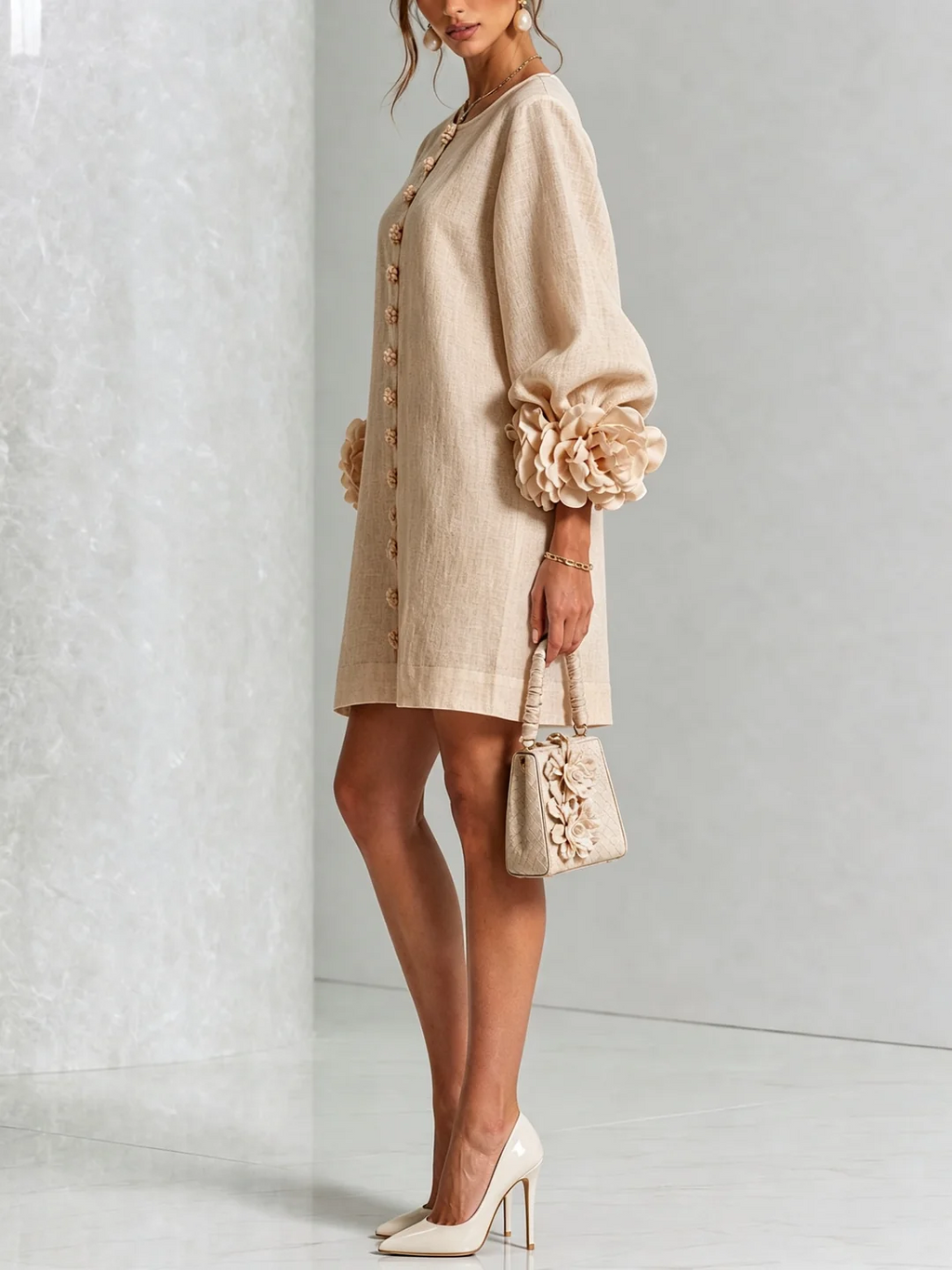 Brune | Robe courte en lin avec manches bouffantes