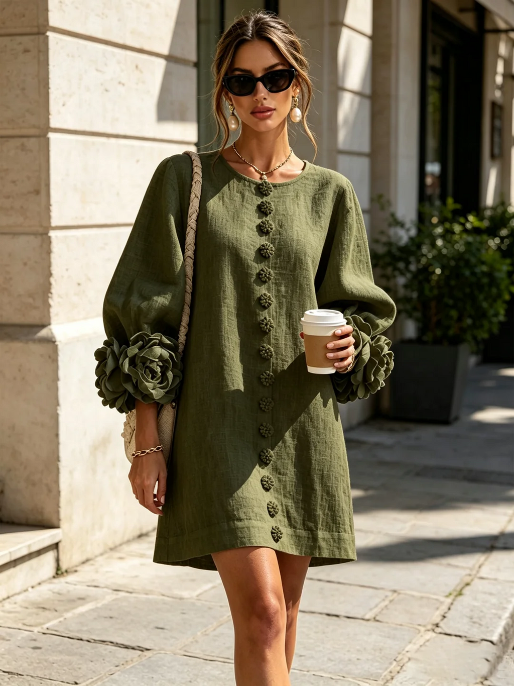 Brune | Robe courte en lin avec manches bouffantes