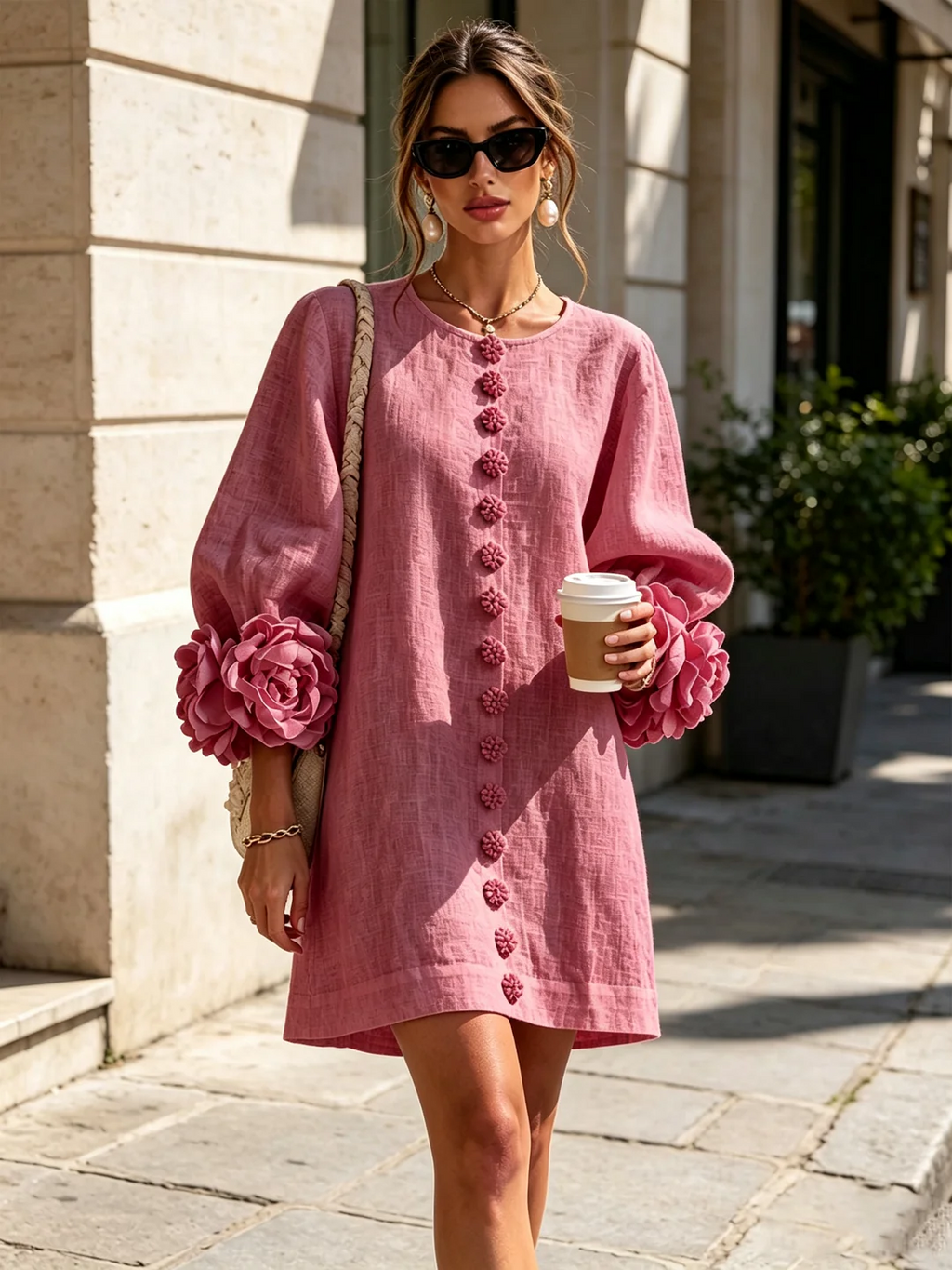 Brune | Robe courte en lin avec manches bouffantes