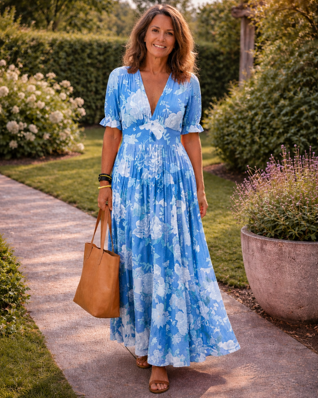 Ione | Robe Midi Fleurie à Manches Courtes avec Décolleté en V