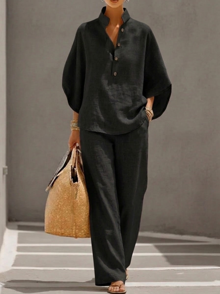 Mariel | Costume en lin à manches chauve-souris et jambes larges