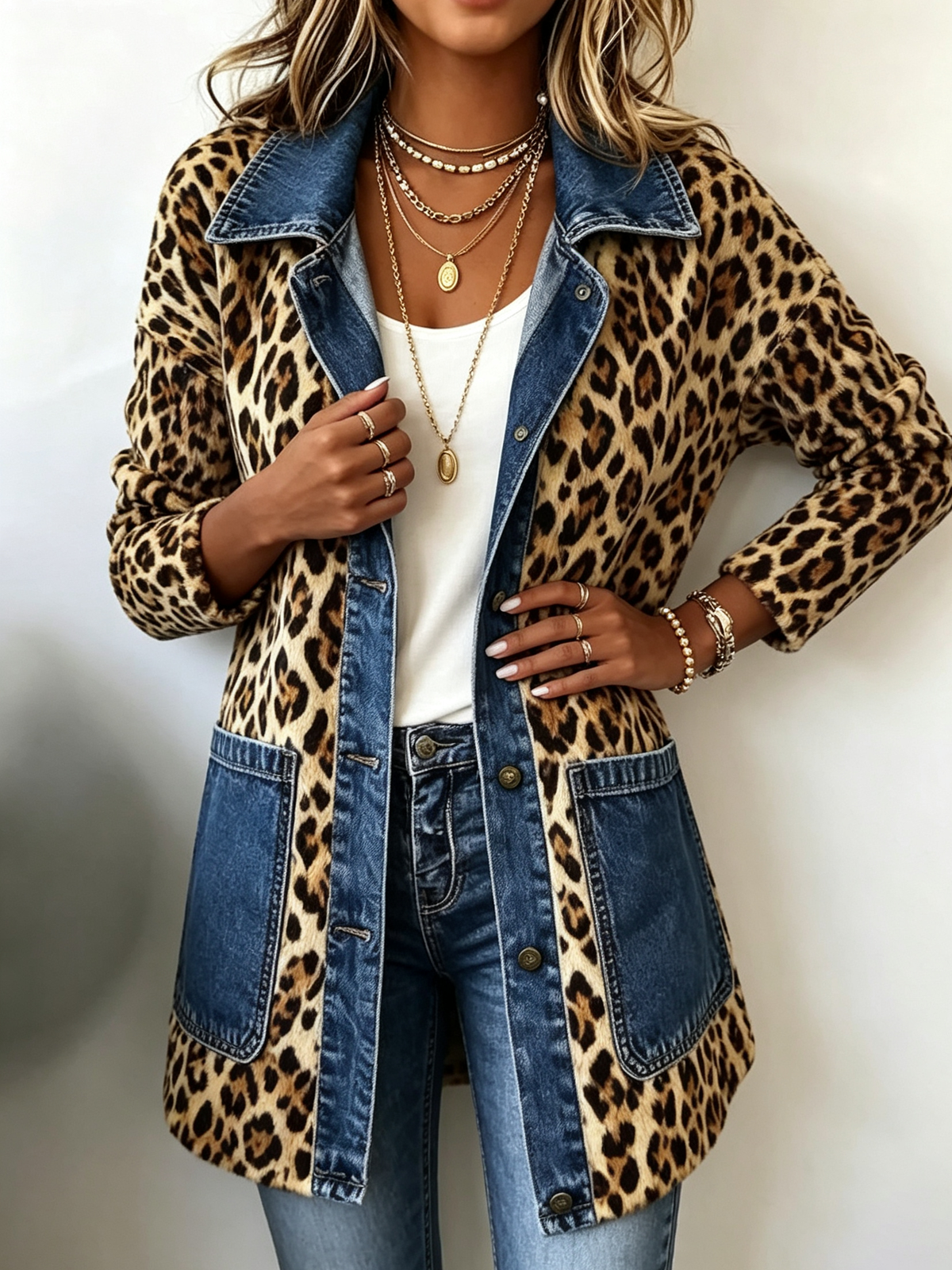 Lorena | Longue veste en jean léopard