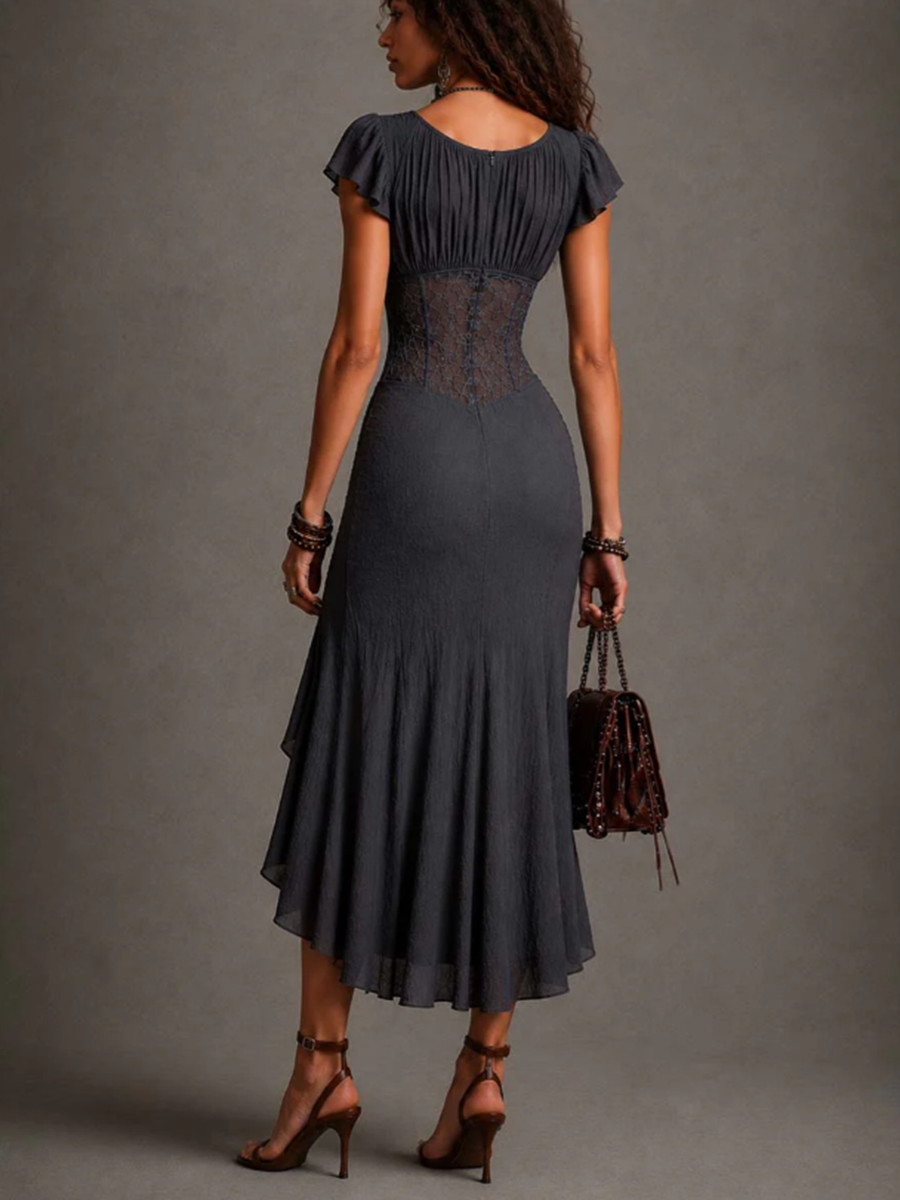 Camélia | Robe midi en dentelle à col en V anthracite
