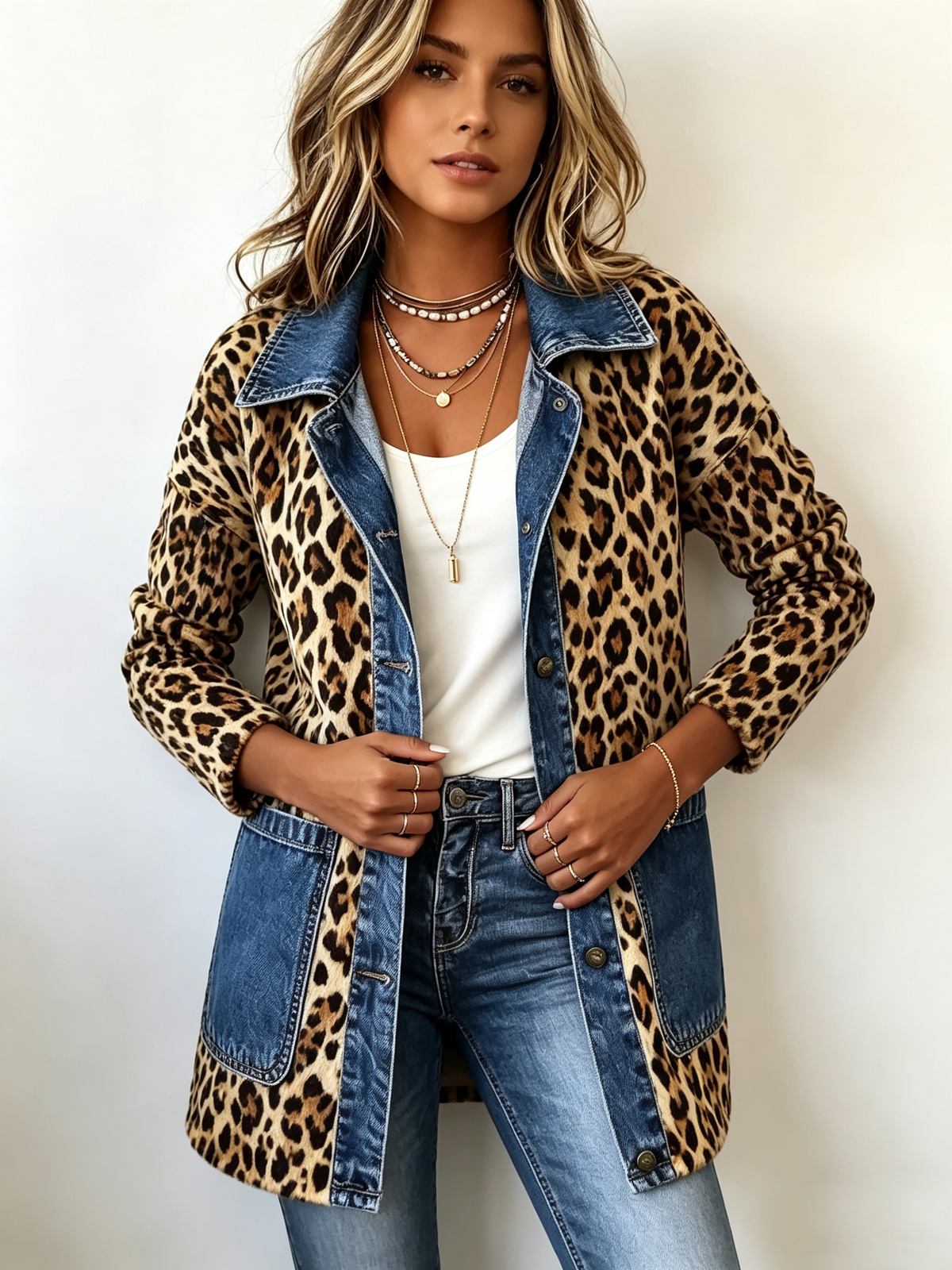 Lorena | Longue veste en jean léopard
