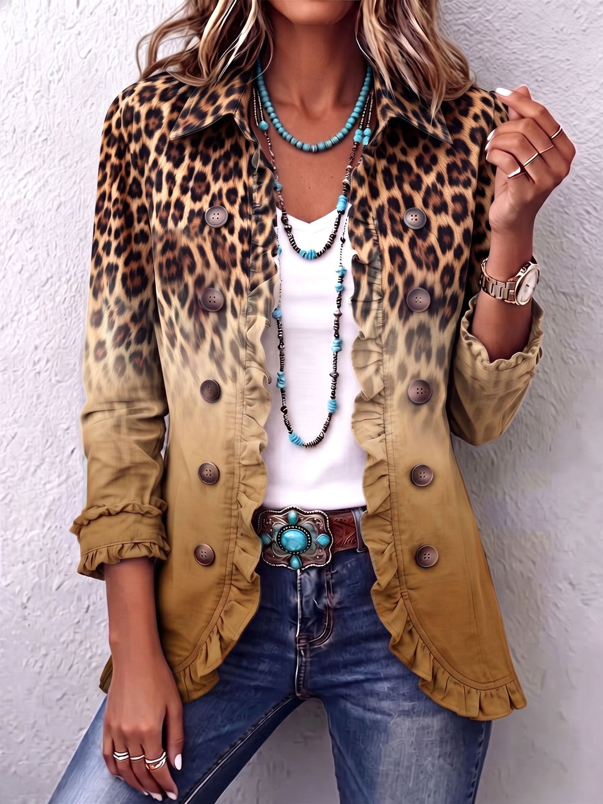Reyes | Veste blazer ocre à motif léopard et volants