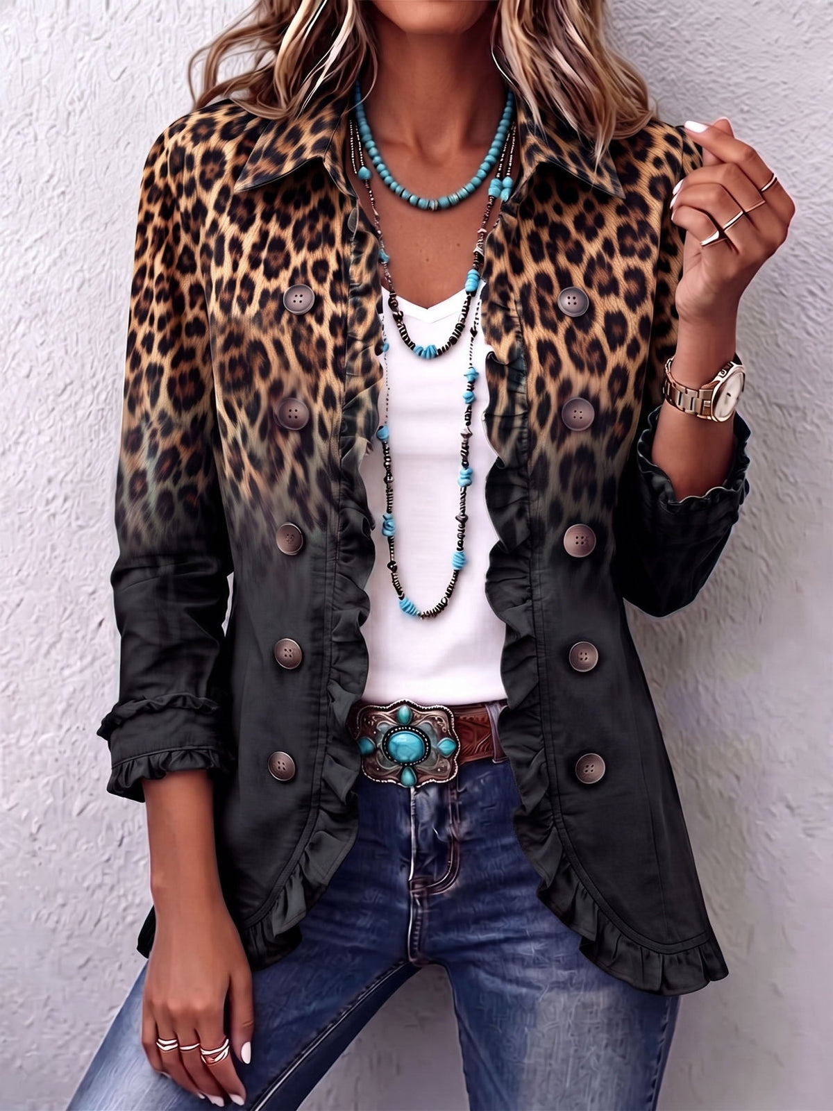 Sabina | Veste blazer à imprimé léopard noir et volants