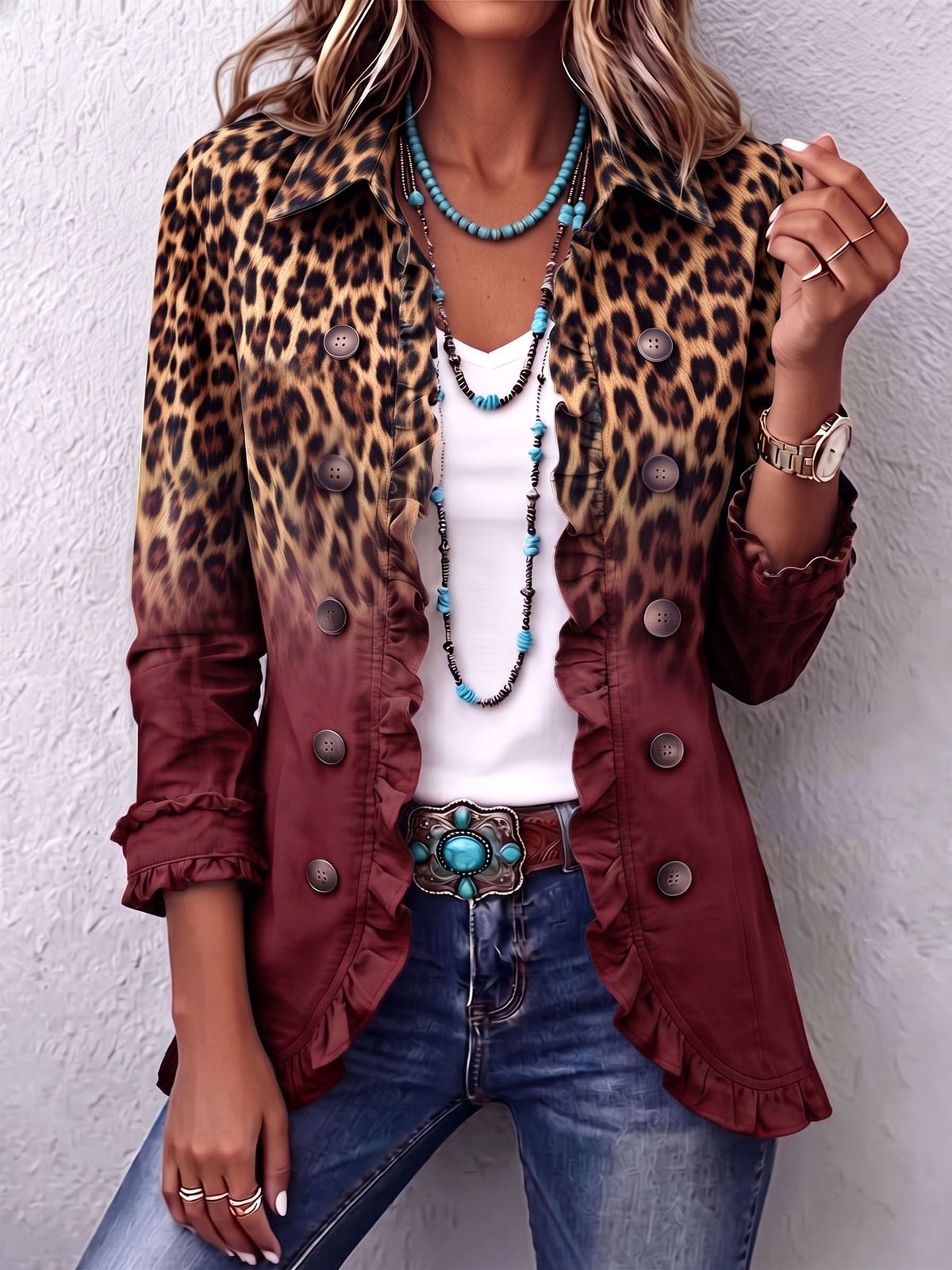 Tomasa | Veste blazer bordeaux à motif léopard et volants