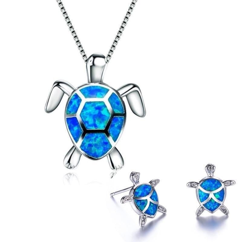 Collier en opale et argent avec pendentif tortue de mer et ensemble de boucles d'oreilles assorties