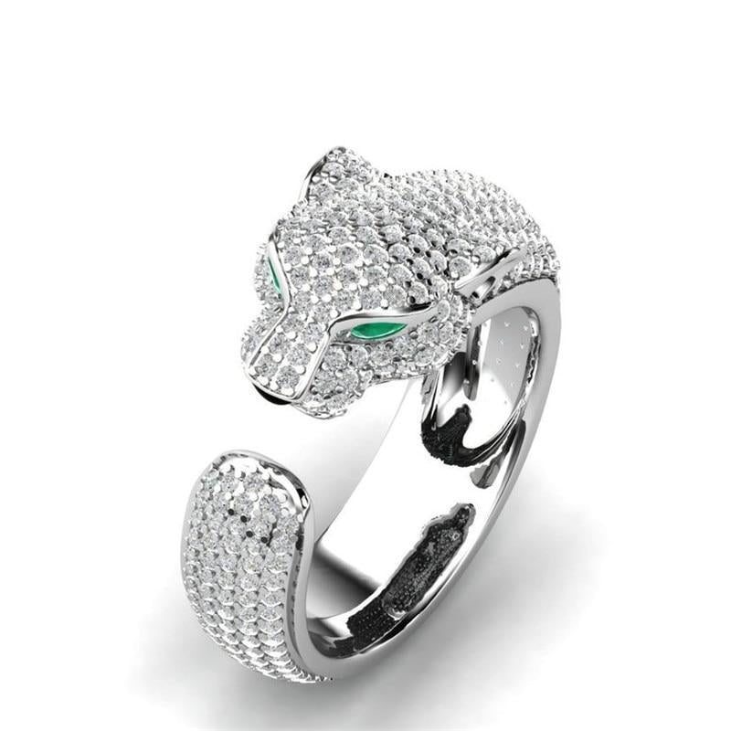 Bague réglable en argent et or rose (18K) avec yeux en zircon vert, design jaguar