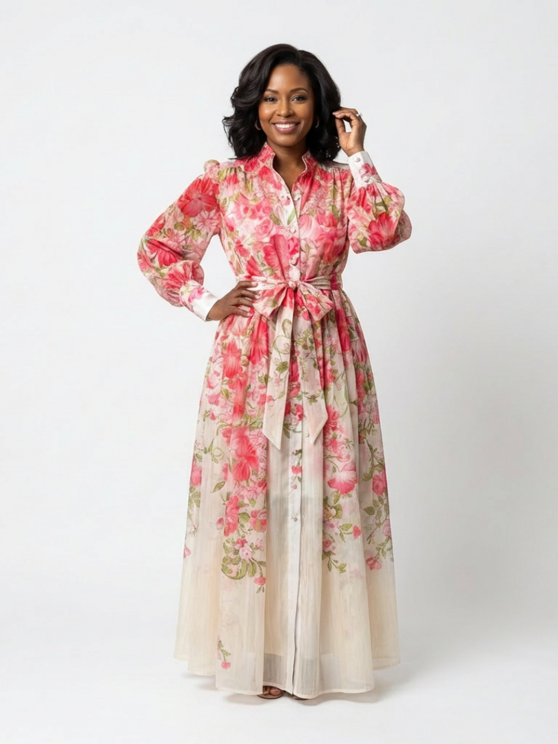 Cressida - Maxi Robe en Dentelle Florale à Manches Longues
